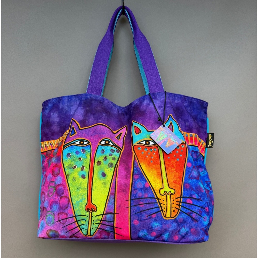 Laurel Burch Fantastic Felines Canvas Tote Bag NWT Purple Blue Art Cat Large New